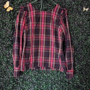 J. Crew Black Multicolor Plaid Ruffle Blouse - Festive For The Holidays